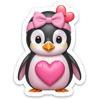 a pink penguin with a pink bow on it’s head holding a heart sticker