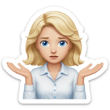A woman with wavy blonde hair and blue eyes shrugging emphatically sticker