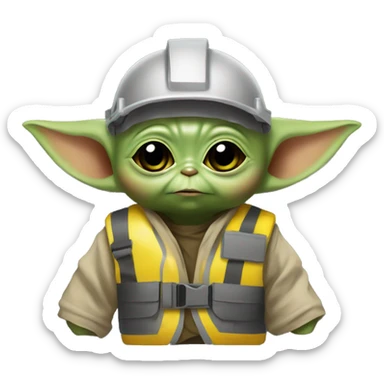 Baby Yoda in yellow construction helmet and vest sticker