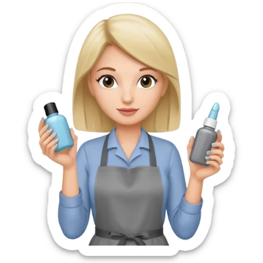 female nail master with small gel polish in hand in grey apron  sticker