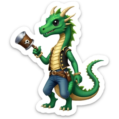 anthropomorphised dragon in a band t-shirt and jeans with a pirate eye-patch walking upright, relaxed pose sticker