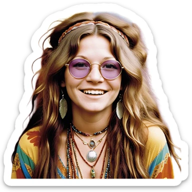 a portrait of janis joplin, focusing on her upper half. she has long, wavy hair with a free-spirited, messy style, round glasses, and a warm, infectious smile. she’s wearing layered bohemian jewelry, colorful clothing, and a feather in her hair, exuding her iconic 60s rock-and-roll vibe. the background is vibrant and slightly psychedelic sticker