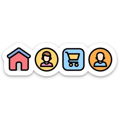website navigation icons with home, mail, shopping cart, user profile, and settings sticker