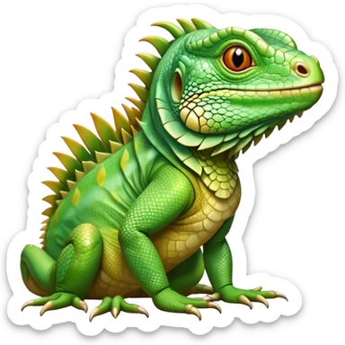 Cinematic Realistic Cute Iguana Portrait Emoji, Head tilted playfully and inquisitively, featuring a compact, agile build with a glossy, intricately scaled body in vivid green hues and a characteristically expressive face with bright, curious amber eyes, rendered in lifelike detail with natural highlights, high shine, affectionate and lively, styled with a touch of tropical whimsy, soft glowing outline, capturing the essence of a mischievous yet lovable iguana that seems poised to scurry out of the screen into your arms! sticker