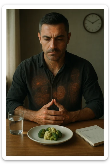A cinematic close-up of a focused man in his mid-30s with slight beard and tired but determined eyes, sitting alone at a simple wooden table with an untouched plate of food in front of him. His hands are clasped, fingers interlocked in a meditative position over his lower abdomen, symbolizing willpower and internal balance. He wears a lightweight natural fiber shirt, sleeves rolled up. The lighting is soft and natural, early morning light coming from a nearby window. Around him, visual cues of cellular regeneration — faint glowing patterns subtly overlaying his body, especially near the liver, gut, and brain, suggesting autophagy and deep healing. The room is minimalist: a glass of water, a notebook with fasting hours, and a clock in the background ticking calmly. The tone is serene, intentional, and deeply introspective. Shot in 35mm cinematic style, warm highlights and clean shadows. sticker