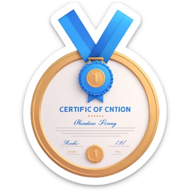 certificate of completion with a blue medal sticker, minimal modern, iPhone style 3D emoji sticker