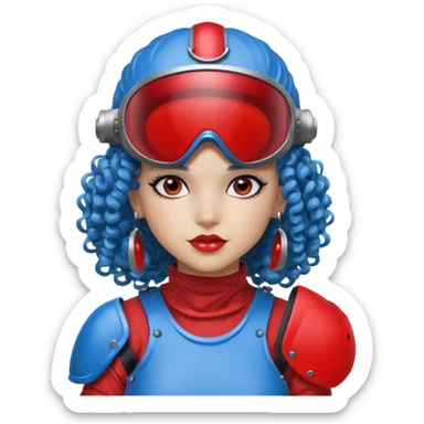 blue curly girl with huge earrings wearing red paintball helmet with eye protection, only face  sticker