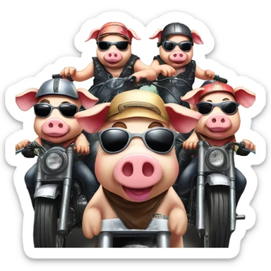 Group of 6 Pigs on motorbikes, wearing helmets and sunglasses sticker