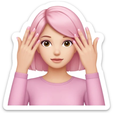 close-up of hands with soft pink manicure touching hair sticker