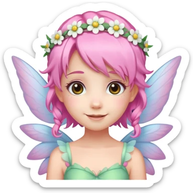 A tiny pastel fairy with pink hair with glowing wings and a sweet smile and tiny flower crown
 sticker
