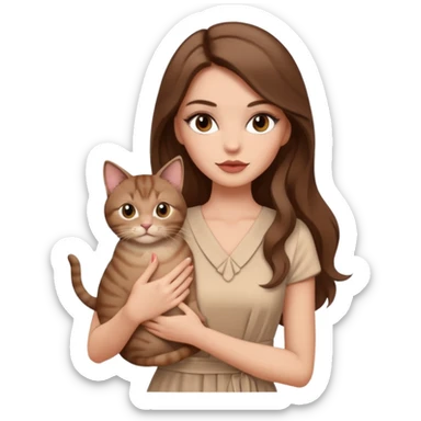 Stylish white woman with long brown hair with makeup in beige dress holding a cat sticker