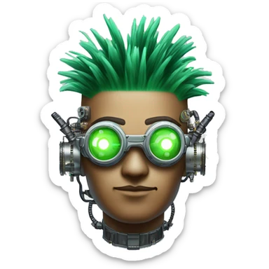 Green Mohawk hair male cyborg head with white steampunk goggles and circuits sticker