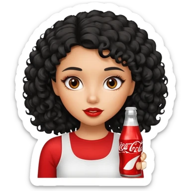 a pretty tan bratz girl with black curly hair drinking coca cola. no makeup. white top sticker