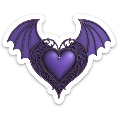 gothic heart, deep purple satin, ornate silver filigree, black lace trim, faint purple glow, with a bat wing accent sticker