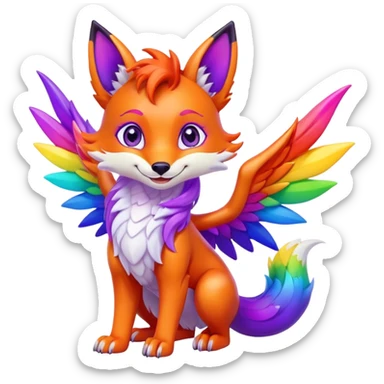 Cartoon Fox dragon hybrid purple eyes with wings face front full body rainbow colored sticker