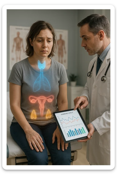 Realistic, vertical medical scene: a woman sits in a doctor’s office, looking fatigued and concerned. A semi-transparent overlay shows her internal organs, with the thyroid, ovaries, and adrenal glands glowing or pulsing in different colors to indicate hormonal imbalance. The doctor points to a digital tablet displaying fluctuating hormone levels. The mood is informative and empathetic. sticker