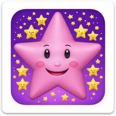 cute pink star with a smiley face, surrounded by small yellow stars, purple background sticker