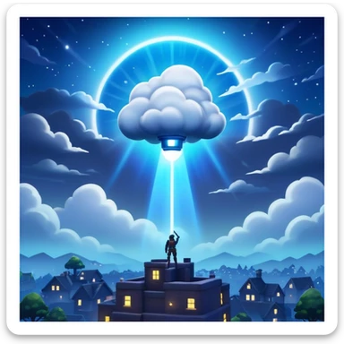 Fortnite signal in the night sky, a spotlight projecting the Fortnite logo into cloudy night sky sticker