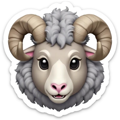 Cinematic Comical Ram Portrait Emoji, Head tilted dramatically with an exaggeratedly amused expression, featuring a striking woolly grey fur with impressively curled horns, wide, expressive dark eyes filled with playful disbelief, Simplified yet hilariously expressive features, highly detailed, glowing with a slightly sassy glow, high shine, dramatic yet playful, stylized with an air of cheeky mischief, bright and endearing, soft glowing outline, capturing the essence of a spirited and over-the-top ram, so meme-worthy it feels like it could butt its way into internet fame instantly! sticker