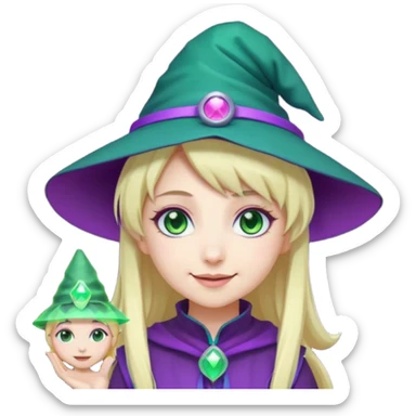 Make a blonde girl with green glowing headset on with teal eyes and a purple haired girl with green eyes waering a purple wit hes hat haveing fun , make them a chibi emoji page anime style sticker