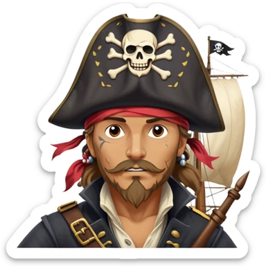 clash-of-clans-aesthetic_-cinematic-focused-pirate-bust-portrait-emoji, head slightly tilted with a determined, roguish expression and bold features, featuring a compact, spirited build with a jaunty hat and quirky bandana on tan skin, at the helm of a grand sailing ship complete with billowing sails and a tattered Jolly Roger flag fluttering dynamically in a tempestuous sea breeze. sticker