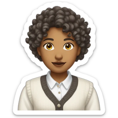 curly hair indian girl wearing a collared long sleeve white shirt under a white sweatervest sticker