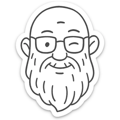 hand-drawn outlined icon of a bald man with glasses, long white beard, winking sticker