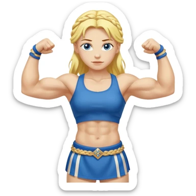 slavic girl, medium size yellow hair, flexing muscles, full body, muscled, with traditional slavic outfit, blue eyes sticker