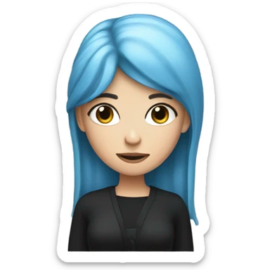white skin girl with long blue hair in black clothes holding a phone sticker