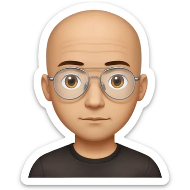 Latino man with small oval face and big forehead, clear lens aviator-style eyeglasses with metal frames, completely bald/shaved sides with very short curly dark hair only on top of head, neutral-friendly expression, light brown skin, wearing a black t-shirt sticker