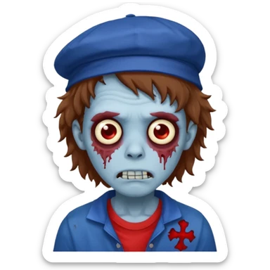 brown fluffy hair zombie with blue and white hat dark blue jilet red t shirt sticker