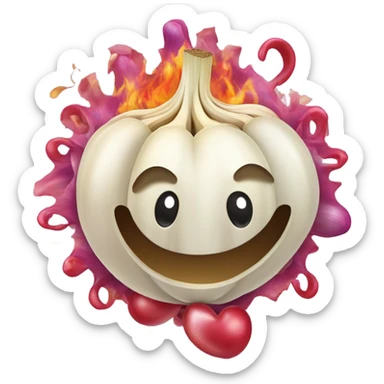A clove of garlic and an onion kissing with an explosion of smell with some heart sticker