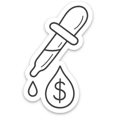hand-drawn outlined pipette with a golden drop, dollar sign inside the drop sticker
