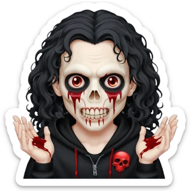 Vampire wearing a black hoodie with a skull logo on it, long curly hair that covers the forehead, fanged teeth and blood on hands sticker