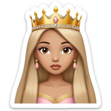 Glamourous princess, light brown skin tone, very beautiful girl, with big plump peach-beige lips, long long lashes, black straight smooth silky long hair, straight parting hair, brown eyes, gold tiara sticker