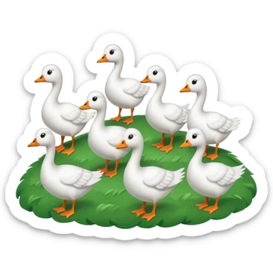 9 white geese standing on a green hill, front view, foggy sticker