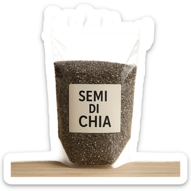 photo realistic transparent bag with chia seeds, visible label with the text 'semi di chia' in Italian sticker