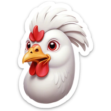 Cinematic Comical White Chicken Portrait Emoji, Head tilted dramatically with an exaggeratedly shocked or amused expression, featuring a sleek, immaculate white plumage with a prominent red comb, wide, expressive beady eyes filled with playful disbelief, Simplified yet hilariously expressive features, highly detailed, glowing with a slightly sassy glow, high shine, dramatic yet playful, stylized with an air of cheeky mischief, bright and endearing, soft glowing outline, capturing the essence of a spirited and over-the-top chicken, so meme-worthy it feels like it could cluck its way into internet fame instantly! sticker