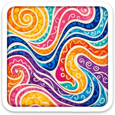 Batik art icon, colorful fabric with wax patterns, vibrant colors, fluid lines, minimalistic design, clean lines, transparent background. sticker