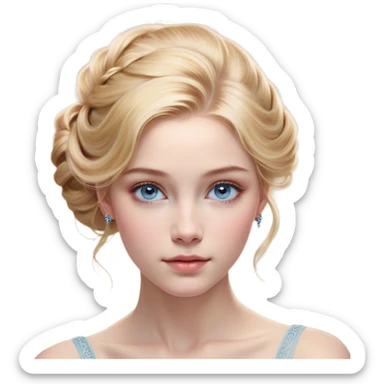 Cinematic Realistic Cinderella Portrait, depicted with lifelike skin texture, subtle rosy undertones, and soft natural lighting that enhances the gentle contours of her face. Her intricately detailed golden blonde hair is elegantly styled in an updo, with delicate wisps framing her face. Her deep, expressive blue eyes radiate warmth and sincerity, reflecting a quiet resilience and grace. She holds a glass slipper gently in one hand, her other hand resting gracefully at her side, emphasizing the timeless beauty of the moment. She is dressed in her iconic ball gown, the fabric shimmering with intricate embroidery and fine translucent layers that catch the light beautifully. The soft sheen of satin gloves adds a magical touch to her graceful pose. The portrait features an enchanting glow with a natural, luminous finish, seamlessly blending realism and fairytale charm to evoke a sense of depth, elegance, and timeless beauty. sticker