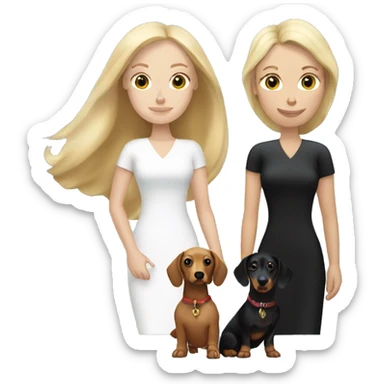 Blonde white woman and Brunette white woman holding black and tan dachshund sticker