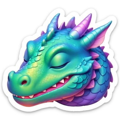 Meme-Worthy Cute Sleeping Dragon Portrait Emoji, Head resting peacefully with a contented smile, showcasing a sinuous, graceful build and a luxuriously soft, iridescent scaled body, eyes gently closed in serene, magical slumber, Simplified yet hilariously adorable features, highly detailed, glowing with a soft, drowsy mystical light, high shine, relaxed and utterly lovable, stylized with an air of playful fantasy, soft glowing outline, capturing the essence of a sleeping dragon that feels destined to become the next viral sensation of enchanted rest! sticker
