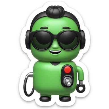 A cute 3D icon of a green gas pump character wearing oversized black sunglasses. Round and chubby proportions, glossy toy-like texture, soft pastel lighting, friendly expression, smooth edges, high-quality render, isolated on a transparent background. sticker