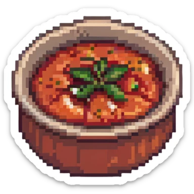 pixel art bowl of red tomato chutney with garlic sticker