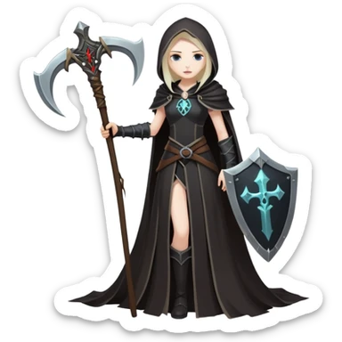 Necromancer girl with scythe and shield, standing over a fallen mage sticker