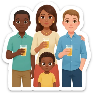 A woman emojie that looks after her old brothers one has a black skin two are light skinned while they are drinking add one more child that is brown light skinned sticker