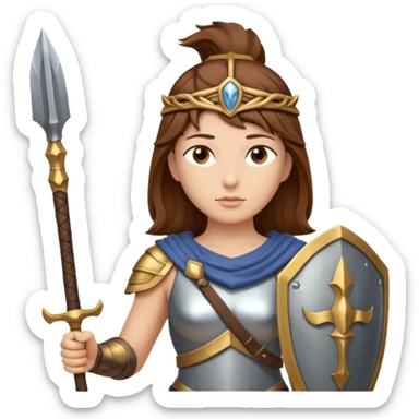brown haired Athena the Greek goddess of disciplined, strategic warfare, calm, commanding figure leading with intelligence not force. wears light armour carries a spear, symbolising protection precise judgement. strategy, not aggression, embodying clarity, foresight and decisive action. sticker