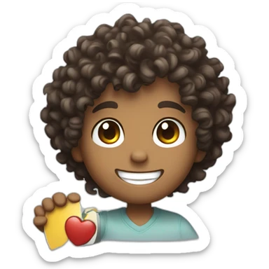 curly hair cute boy holding a vinyl in his hand, smiling, cute sticker