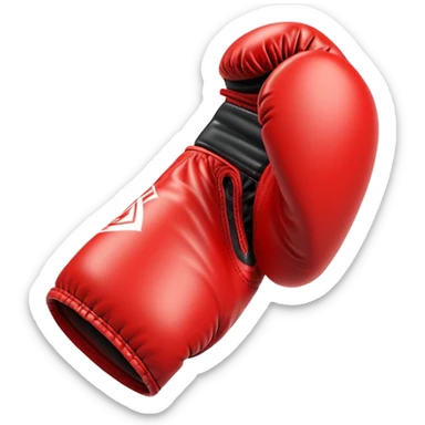 A small, bold boxing glove with a shiny red leather texture, clenched and angled forward, dynamic motion lines around it, symbolizing a powerful punch, clean white background sticker