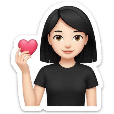 a pretty bratz fair girl with straight black hair, wearing a black tshirt, smiling sticker